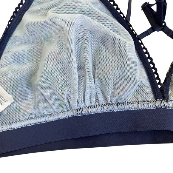 Aerie Sz M Mesh Ruffle Strappy Triangle Bralette Blue Green Floral NWT - Picture 12 of 14